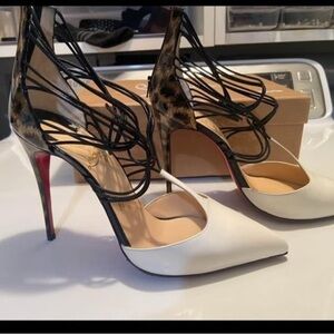 Christian Louboutin White Pointed-Toe Pumps with Black Strappy and Leopard Heel
